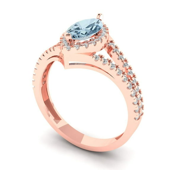 1.2ct marquise cut blue Zircon 18k rose gold halo Bridal Wedding Engagement Promise Anniversary Ring for Women size 4.5