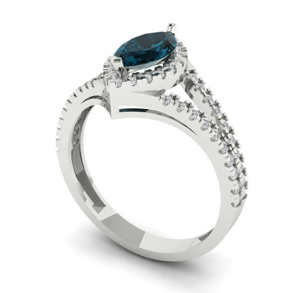 1.2ct marquise cut natural london blue topaz 18k white gold halo Bridal Wedding Engagement Promise Anniversary Ring for Women size 6