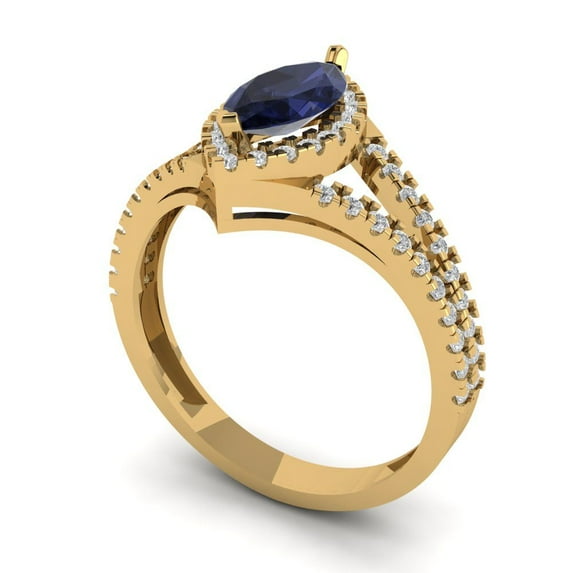 1.2ct marquise cut blue sapphire 18k yellow gold halo Bridal Wedding Engagement Promise Anniversary Ring for Women size 7