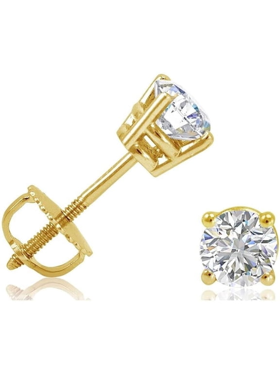 1/2ct tw Round REAL Natural Diamond Stud Earrings in gold-plated silver Screw Backs, Christmas Gift, Romantic Gift for Your Girlfriend, Wife, Mother