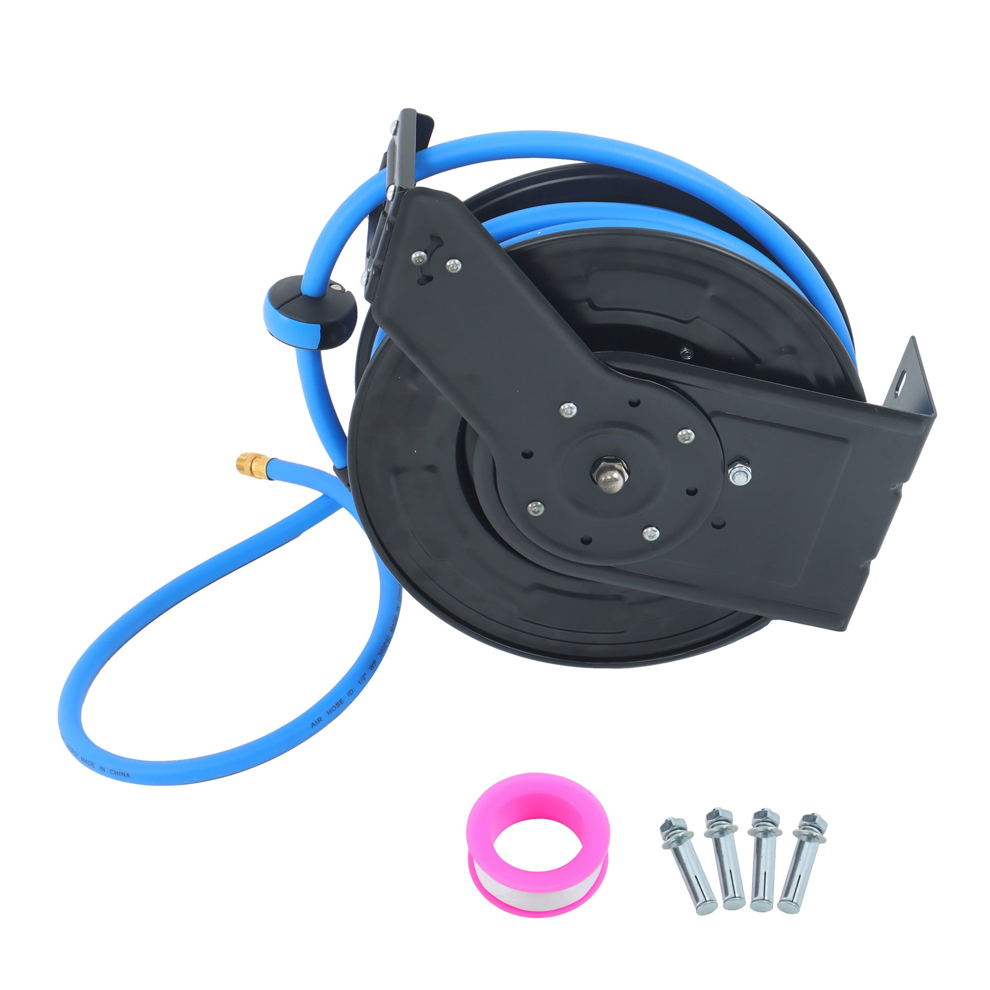 1/2in X 50ft Hybrid Air Hose, 3000psi Wall Mount Auto Rewind Hose-Reel, Rubber Hose, Heavy Duty Single Arm Steel Reel, 1/2" Npt
