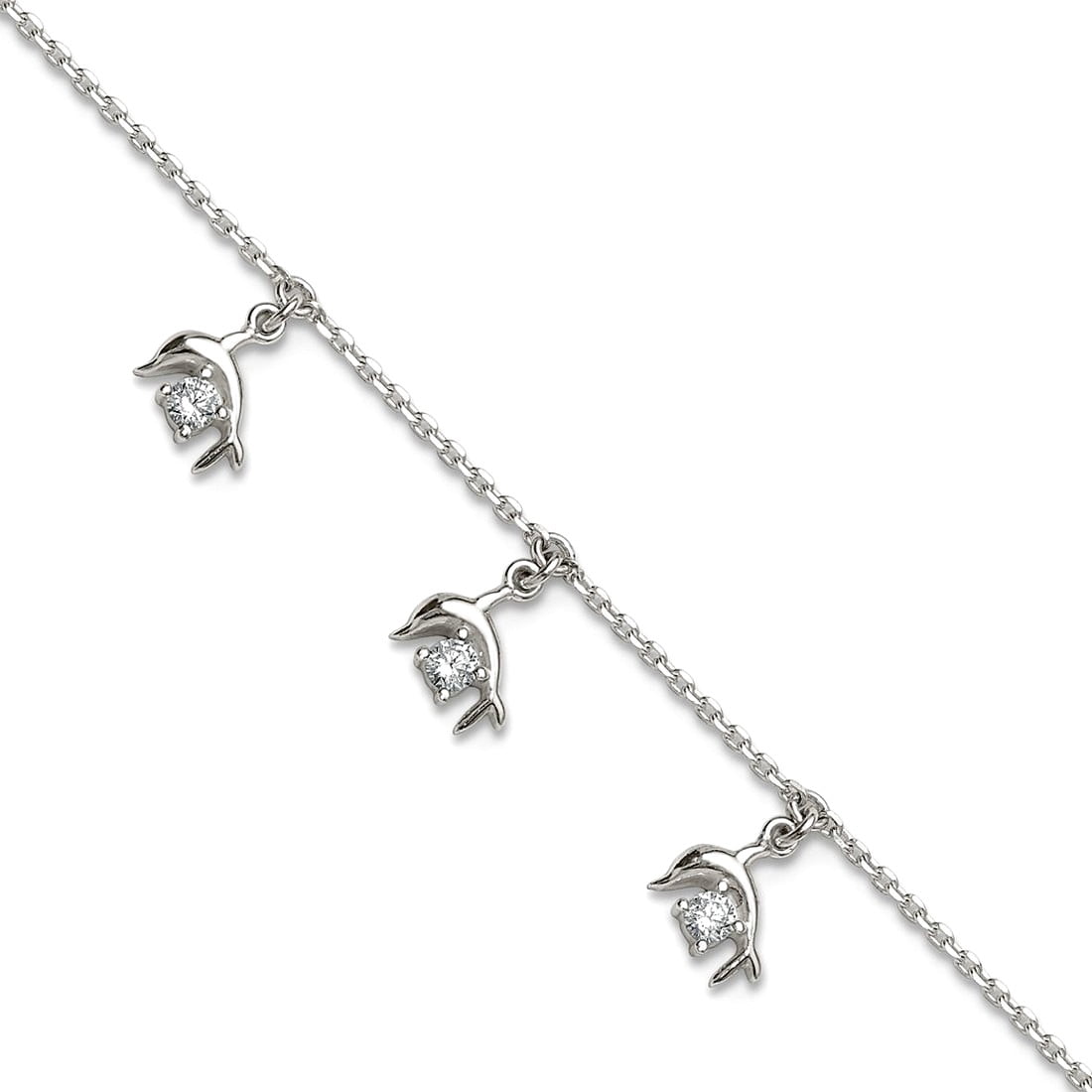 1.2mm 925 Sterling Silver Polished Cubic Zirconia Dolphins Plus 1in Extension Anklet 9 Inch Anklet for Women