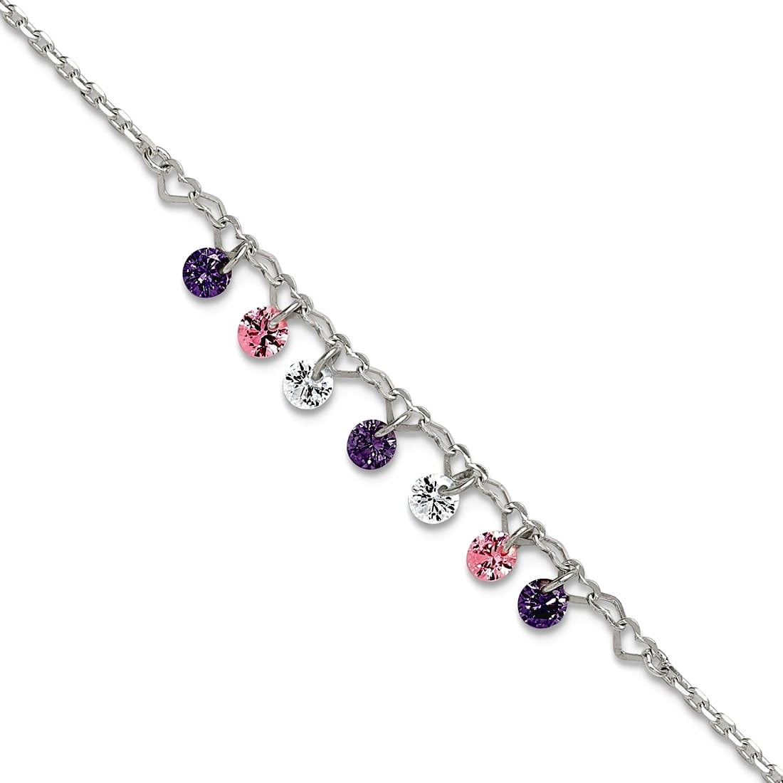 1.2mm 925 Sterling Silver Polished Multicolor CZ and Love Hearts Plus 1in Extension Anklet 9 Inch Anklet for Women