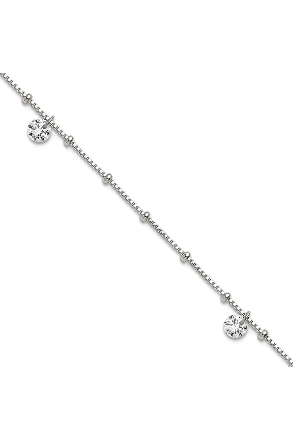 1.2mm 925 Sterling Silver Polished and Beaded Cubic Zirconia Plus 1in Extension Anklet 9 Inch Anklet for Women
