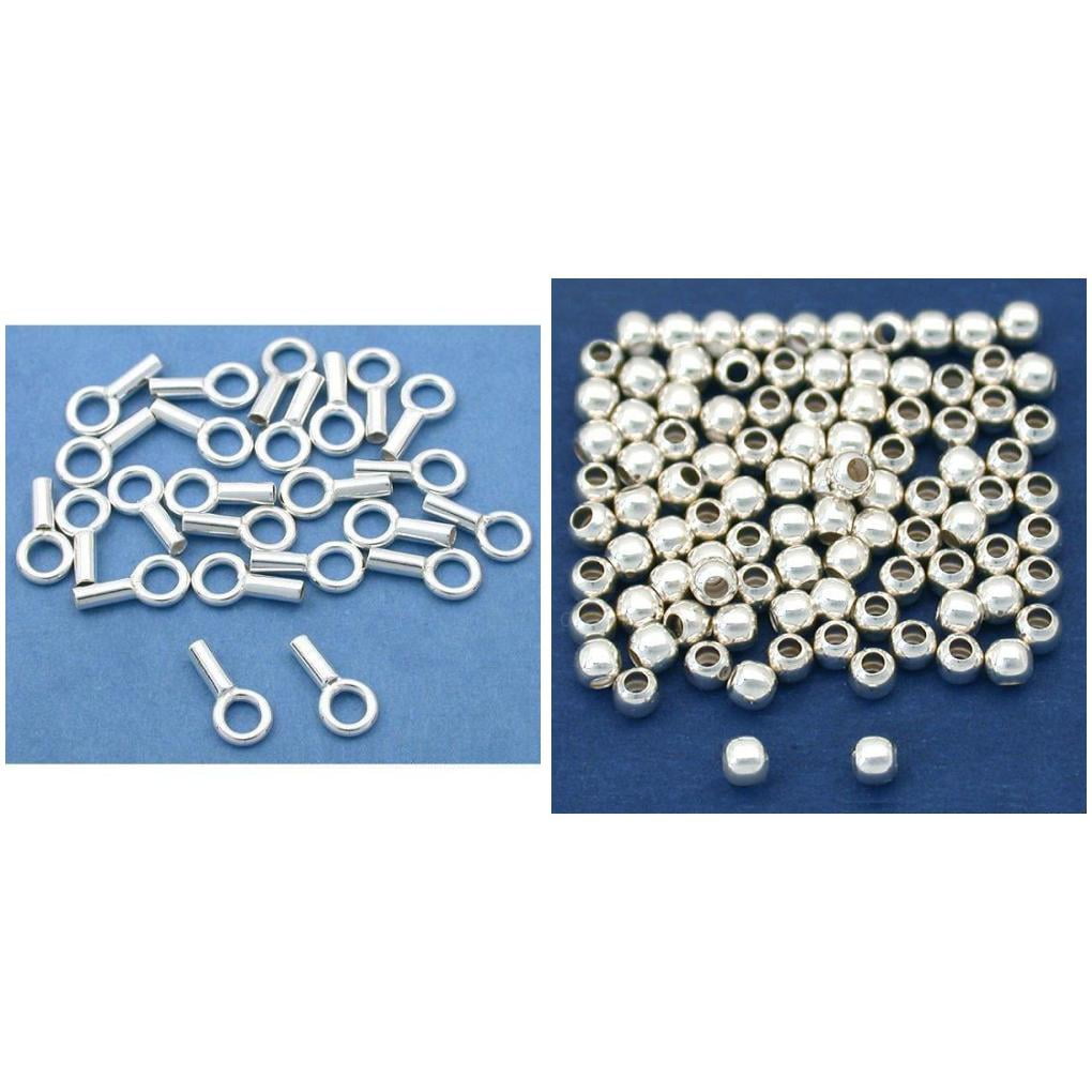 1.2mm Sterling Silver Crimp End Cap & 2mm Round Seamless Beads Kit 110 Pcs