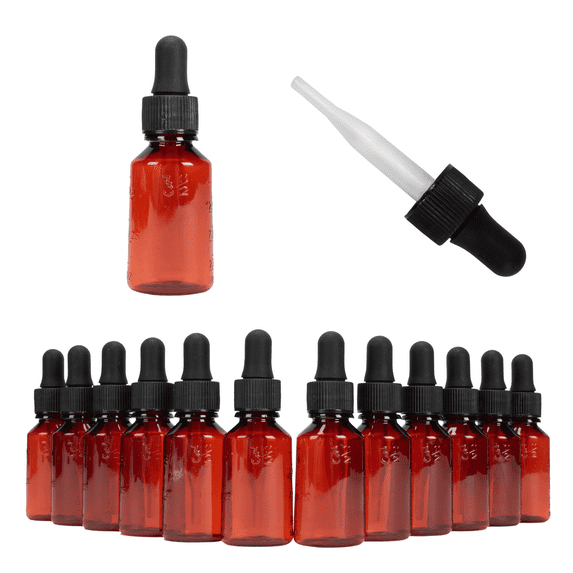 1/2oz Empty Plastic Dropper Bottle, 48 Pack, Amber Bottle, Black Dropper, 15mL, for Medication, Essential Oils, Chemicals, Perfumes & Colognes