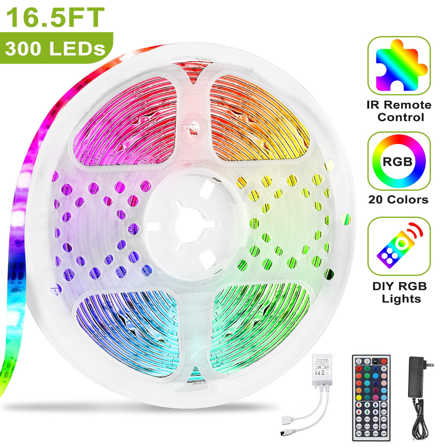 1/2pcs 16.5ft Led Lights,  300 LEDs Strip Lights 44-Key IR Remote Control,  Cuttable & Dimmable IP65 Waterproof Color Changing RGB Lights for Room,Gaming,Christmas,Party Decoration