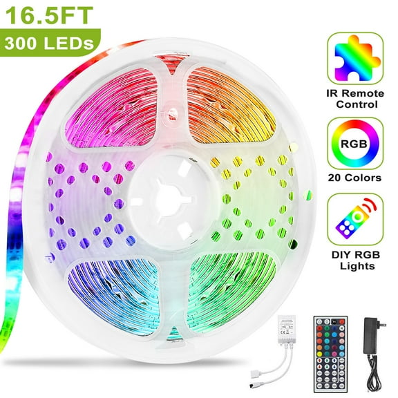 1/2pcs 16.5ft Led Lights, 300 LEDs Strip Lights 44-Key IR Remote Control, Cuttable & Dimmable IP65 Waterproof Color Changing RGB Lights for Room,Gaming,Christmas,Party Decoration