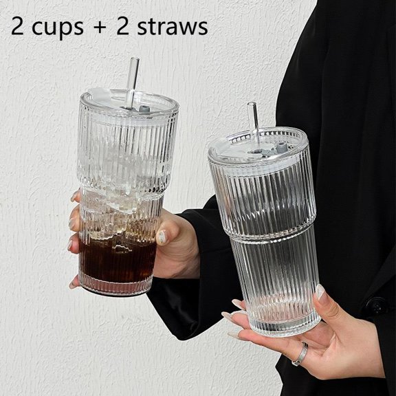 1/2pcs 600ML Ribbed Glass With Lid Large Coffee Cup With Straw Glass