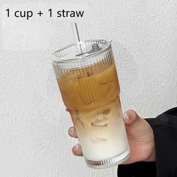 1/2pcs 600ML Ribbed Glass With Lid Large Coffee Cup With Straw Glass