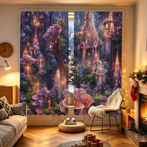 1/2pcs Fairy‑Tale Forest Mushroom Tree Cottage Pattern Printed Window Curtain, 53.9x17.7/27.5x39.3/27.5x59 inch, Polyester, Translucent, Indoor Household Decor