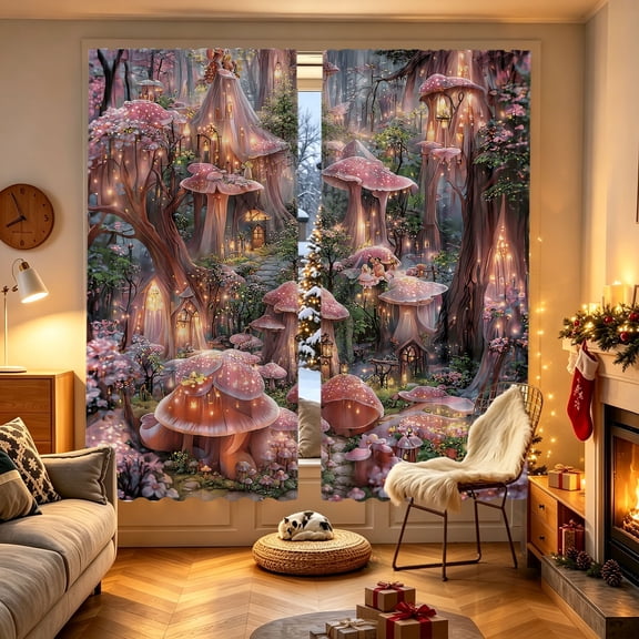 1/2pcs Glowing Mushroom Fantasy Forest Printed Window Curtain, 53.9x17.7/27.5x39.3/27.5x59 inch, Polyester, Semi‑Sheer, Indoor Household Decor