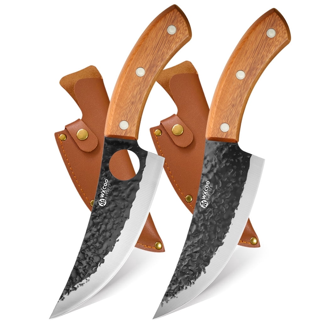 2pcs Hand Forged Meat Boning Knife, High Carbon Steel Full Tang Cleaver with Wood Handle, Ultra Sharp Kitchen Butcher Knife with Sheath