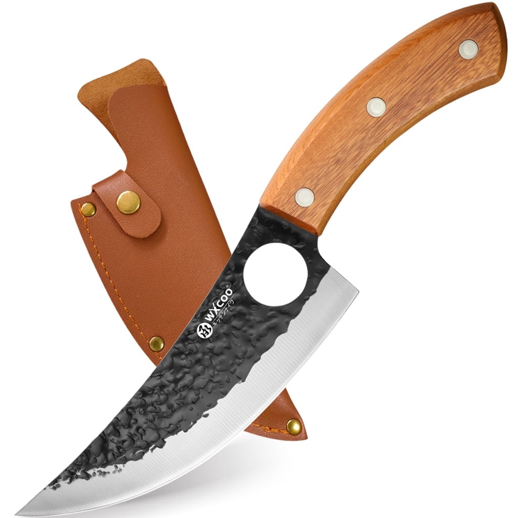 1PC Hand Forged Meat Boning Knife, High Carbon Steel Full Tang Cleaver with Wood Handle, Ultra Sharp Kitchen Butcher Knife with Sheath