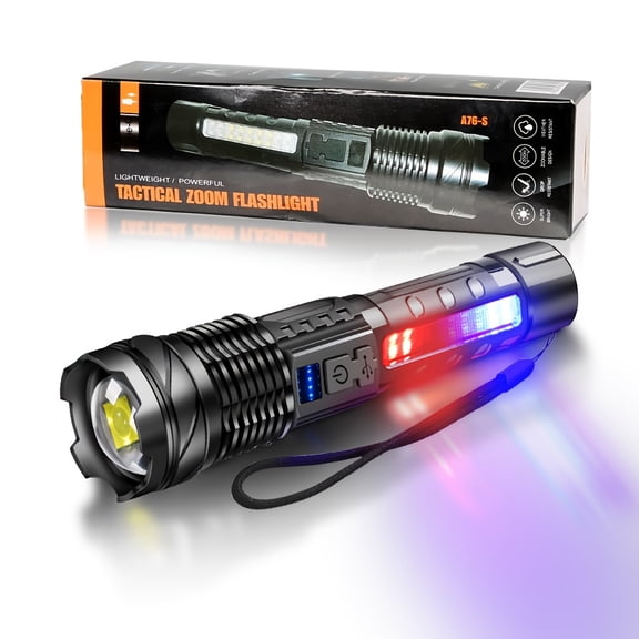 1/2pcs High-power LED flashlight COB red and blue strobe warning side light, adjustable focus long-range fishing and camping light,portable pen clip design,7-level dimming,outdoor emergency lighting