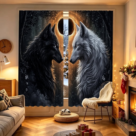 1/2pcs Lunar Eclipse Two Wolves Night Printed Window Curtain, 53.9x17.7/27.5x39.3/27.5x59 inch, Polyester, Light Block, Indoor Household Decor