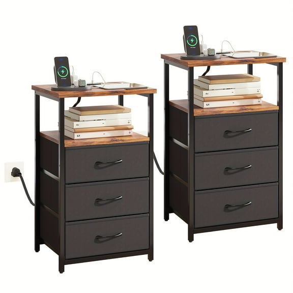 1/2pcs Night Stand with Charging, 3 Fabric Drawers End Table, Bedroom/Dorm Storage, Heavy Duty Black Nightstand