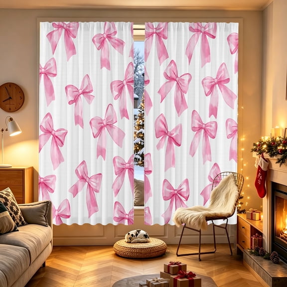 1/2pcs Pastel Pink Allover Bow Knot Printed Window Curtain, 53.9x17.7/27.5x39.3/27.5x59 inch, Polyester, Light Filter, Indoor Household Decor
