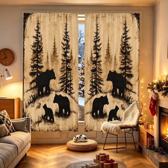 1/2pcs Retro Forest Bear Family Printed Window Curtain, 53.9x17.7/27.5x39.3/27.5x59 inch, Polyester, Light Permeable, Indoor Household Decor