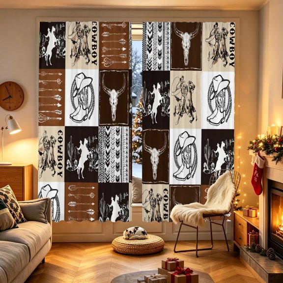 1/2pcs Western Cow Grid Patchwork Printed Window Curtain, 53.9x17.7/27.5x39.3/27.5x59 inch, Polyester, Light Permeable, Indoor Household Decor