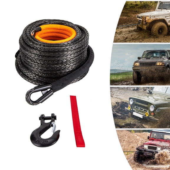 1/2x92ft Synthetic Winch Rope with Hook 31500LBS Car Tow ATV Recovery Cable Tow Black