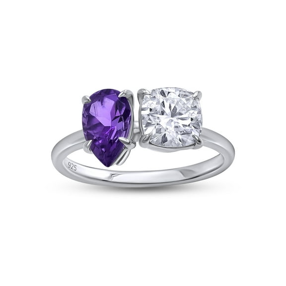 1 3/4 Carat 8X5MM Pear Shape Natural Amethyst & 6MM Cushion Cut Lab Created Moissanite Diamond Toi Et Moi 2-Stone Engagement Ring For Women In 14K White Gold Over Sterling Silver(1.75Cttw)-4