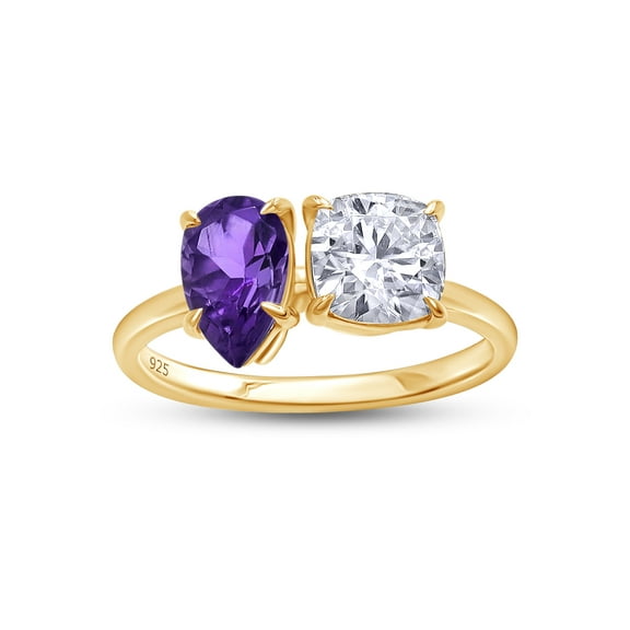 1 3/4 Carat 8X5MM Pear Shape Natural Amethyst & 6MM Cushion Cut Lab Created Moissanite Diamond Toi Et Moi 2-Stone Engagement Ring For Women In 14K Yellow Gold Over Sterling Silver(1.75Cttw)-4.5