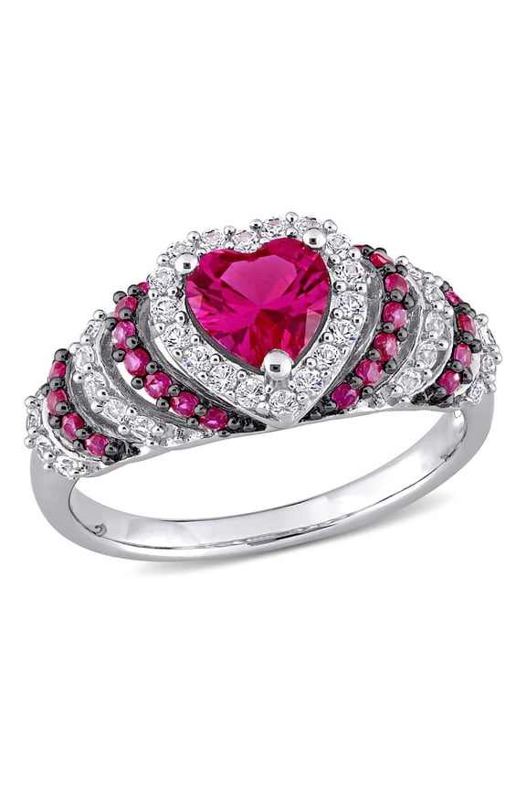 1 3/4 Carat (Ctw) Lab-Created Ruby & White Sapphire Heart Ring in Sterling Silver for Women