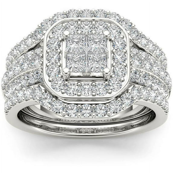 1-3/4 Carat T.W. Diamond Single Halo Cluster Two-Band 10kt White Gold Engagement Ring Set