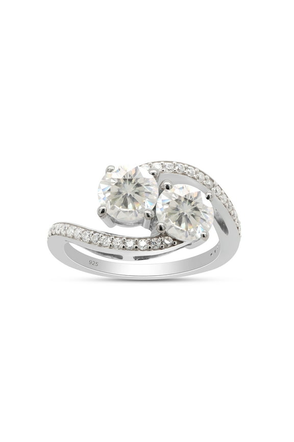 6MM Round Moissanite Diamond Two Stone Bypass Engagement Ring for Women 14K White Gold over Silver-6
