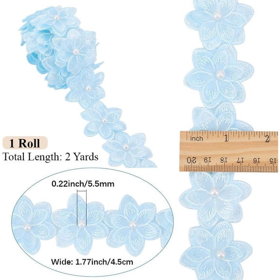 1 3/4 Inch Blue Embroidered Flower Trim 3D Floral Edge Lace Ribbon Pearl Bead Embroidery Fabric Applique Trimming Bulk for Sewing Making Crafts Dresses Clothes Wedding Gift Wrapping Supply