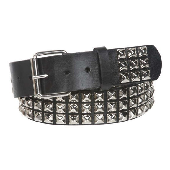 1 3/4" Snap On Three Row Punk Rock Star Metal Silver Studded Solid Leather Belt