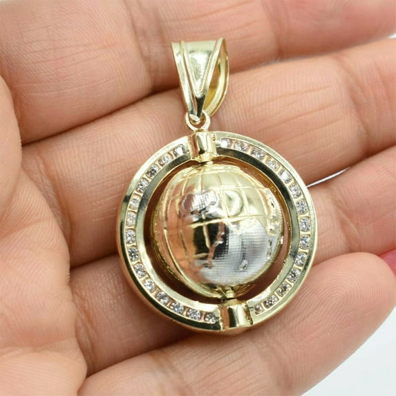 1 3/4" CZ 3D Textured World Globe Unisex Adult Pendant 10K Yellow White Gold,6.30 Gr - Goldum NYC