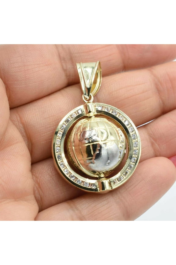 1 3/4" CZ 3D Textured World Globe Unisex Adult Pendant 10K Yellow White Gold,6.30 Gr - Goldum NYC