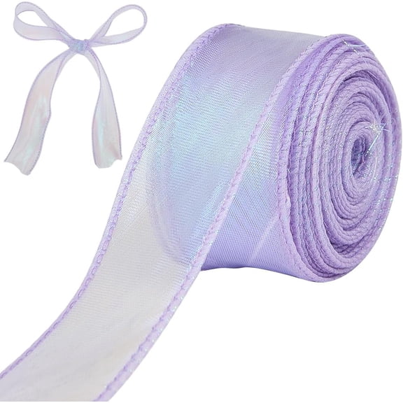 1-3/5 Iridescent Organza Sheer Ribbon Holographic Tulle Gift Ribbon Handmade Light Purple Chiffon Fabric for Gift Wrapping Wedding Flower Bouquet Christmas Wreaths Xmas Crafts Hair Bow Lilac