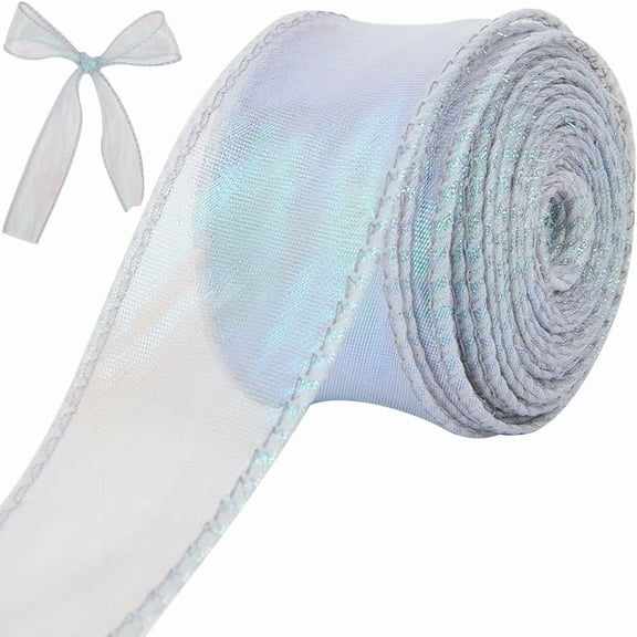 1-3/5” Iridescent Organza Sheer Ribbon Silver Holographic Tulle Gift Ribbon Handmade Decorative Chiffon Fabric for Gift Wrapping Wedding Flower Bouquet Christmas Wreaths Xmas Crafts Hair Bow