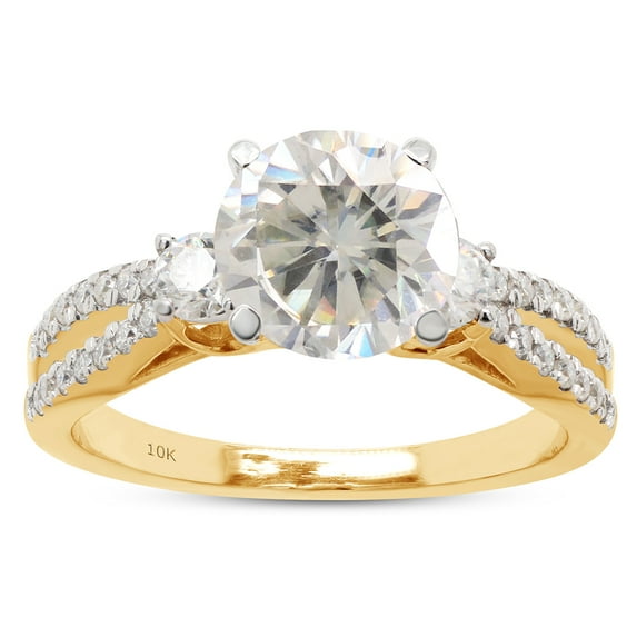 1 3/5 ct. t.w Center 7MM Round Cut Lab Created Moissanite Diamond Split Shank 3-Stone Engagement Ring In 10K Solid Yellow Gold For Women(G-H Color, VVS1 Clarity, 1.60 Cttw)-7.5