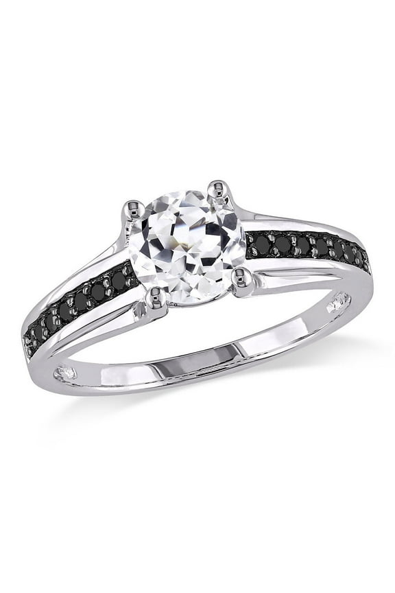 1 3/8 Carat (Ctw) Lab-Created White Sapphire Engagement Ring in Sterling Silver with Black Diamonds