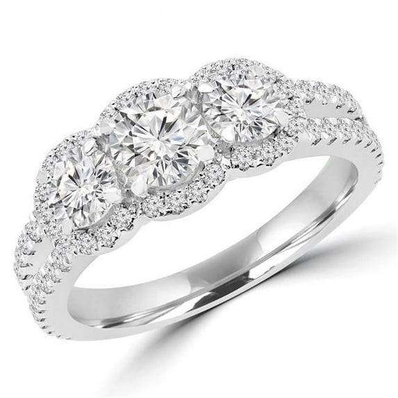 1.3 CTW Round Diamond Three-Stone Halo Engagement Ring in 14K White Gold - Size 9