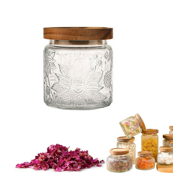 1/3 Can 260 To 2200 Milliliters Sealed Glass With Wooden Lid Embossed Glass Can/ Vintage Embossed Sealed Glass Jar A