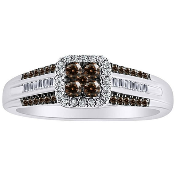 AFFY 1/3 Carat Champagne & White Natural Diamond Engagement Wedding Ring 10k Solid White Gold (I2-I3 Clarity, 0.33 Cttw) Ring Size-7