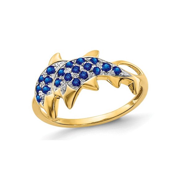 Gem & Harmony 1/3 Carat (Ctw) Blue Sapphire Dolphin Ring in 14K Yellow Gold for Women
