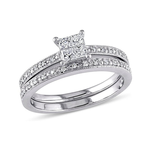 1/3 Carat (Ctw Color H-I Clarity I2-I3) Princess Cut Diamond Engagement Ring & Wedding Band Set in 10K White Gold for Women