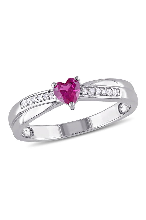 1/3 Carat (Ctw) Lab-Created Ruby Heart Ring in Sterling Silver with Accent Diamonds for Women