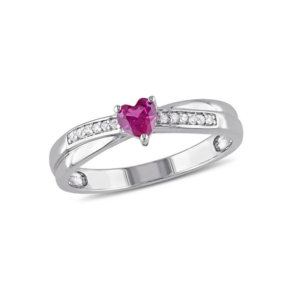 1/3 Carat (Ctw) Lab-Created Ruby Heart Ring in Sterling Silver with Accent Diamonds for Women