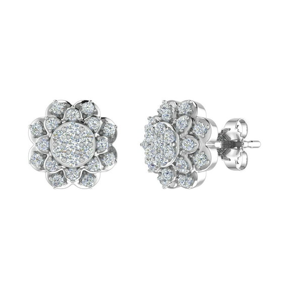 1/3 Carat Diamond Cluster Flower Stud Earrings in 14K White Gold - IGI Certified (I1-I2 Clarity)