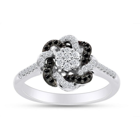1/3 Carat Natural White And Black Round Cut Diamond Flower Knot Engagement Promise Ring In 14K White Gold Over Sterling Silver (0.33 Cttw, I2-I3 Clarity)