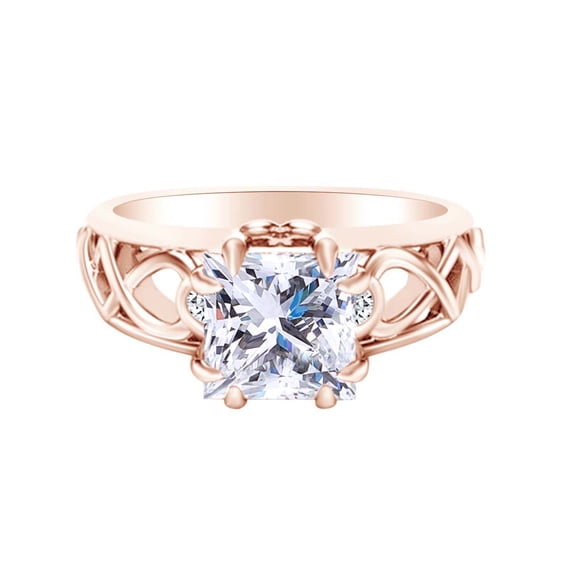 AFFY 1.3 Carat Princess Cut Moissanite & Natural Diamond Unique Engagement Ring 14K Solid Rose Gold Ring Size-9