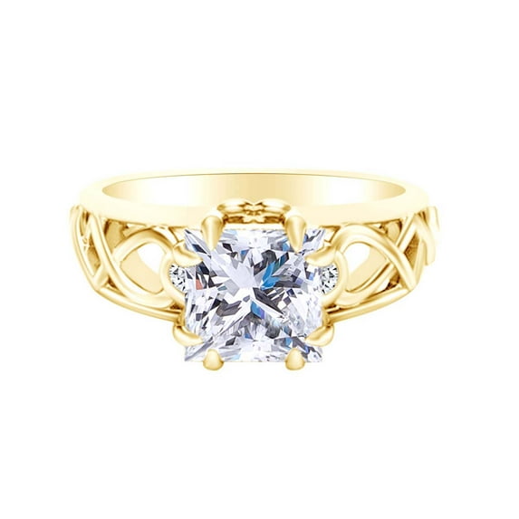 AFFY 1.3 Carat Princess Cut Moissanite & Natural Diamond Unique Engagement Ring 14K Solid Yellow Gold Ring Size-7.5