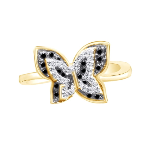 AFFY 1/3 Carat Round Black & White Natural Diamond Butterfly Ring In 10K Solid Yellow Gold